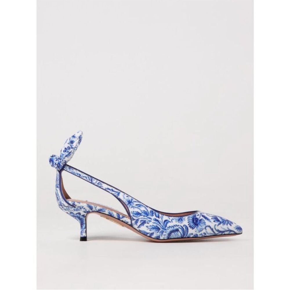 ISO Aquazzura Bow Tie Pump 50 Blue White Floral Kitten Heel Size US 8/EU 38-39 - Picture 2 of 4